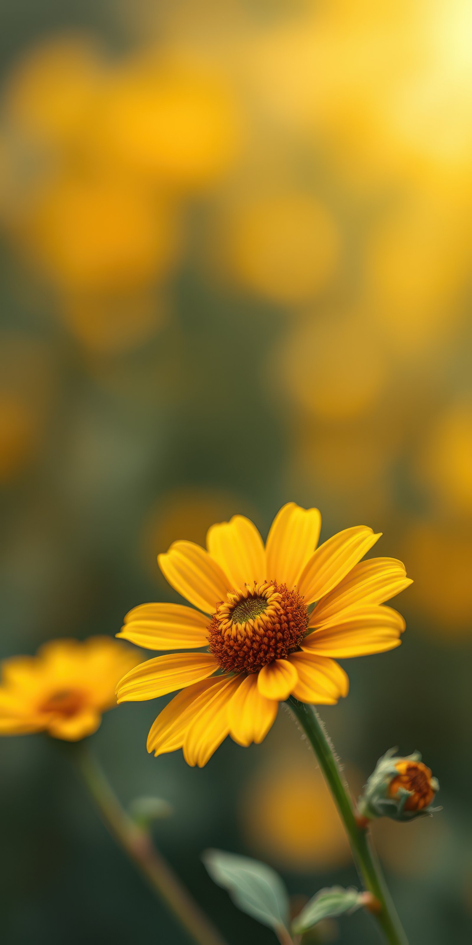 Bright yellow flowers bloom in the warm sunlight of early summer, creating a vibrant natural setting